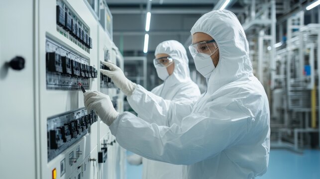 Industrial technicians performing safety checks on electrical equipment in a high-tech facility precision tasks cleanroom environment close-up view efficiency concept