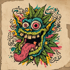 Vibrant chaotic monster face entwined with leaves and psychedelic colors on textured background