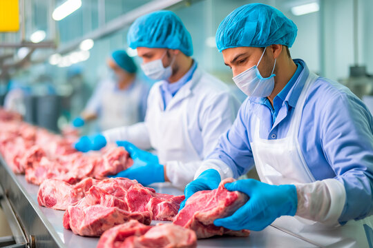 Efficient meat processing at a factory with workers preparing raw meat in a clean environment