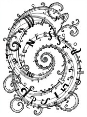 Fototapeta premium Minimilist a black and white illustration of a spiral design with letters and decorative swirls throughout the image vector