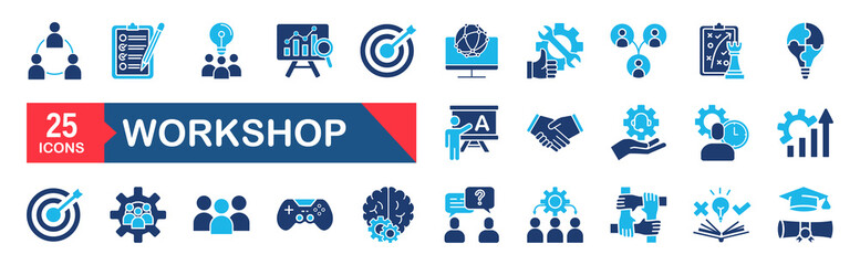 Workshop set of web icons. Business Workshop icons for web and mobile app. Containing team building, teamwork, coaching, meeting, managing, coaching, motivation and more