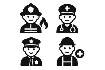 Emergency response team solid icon set. Vector glyph icons of essential workers. Firefighter, police officer, doctor, paramedic, first responder avatars. Public safety professions.