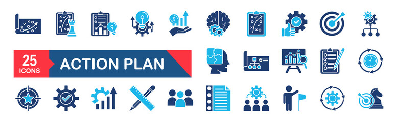 Action plan set of web icons. Strategy action planning icons for web and mobile app. Containing strategy, analysis, planning, strategy, analysis, tasks, goal, implementation and more