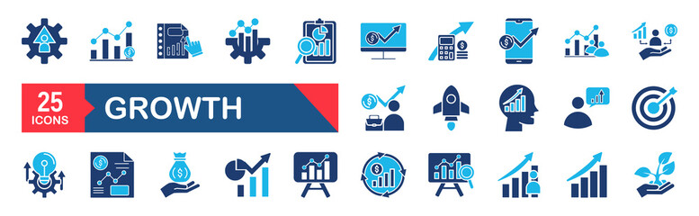 Growth Web Icon Set. Collection of Upskill Linear Icons, Including professional, personal, financial growth, progress, career, arrows up, goal, development and more.