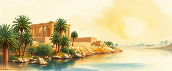 Fototapeta premium Watercolor view of the Nile with palm trees, ancient temples and a distant pyramid; warm desert light and gentle reflections on the water.