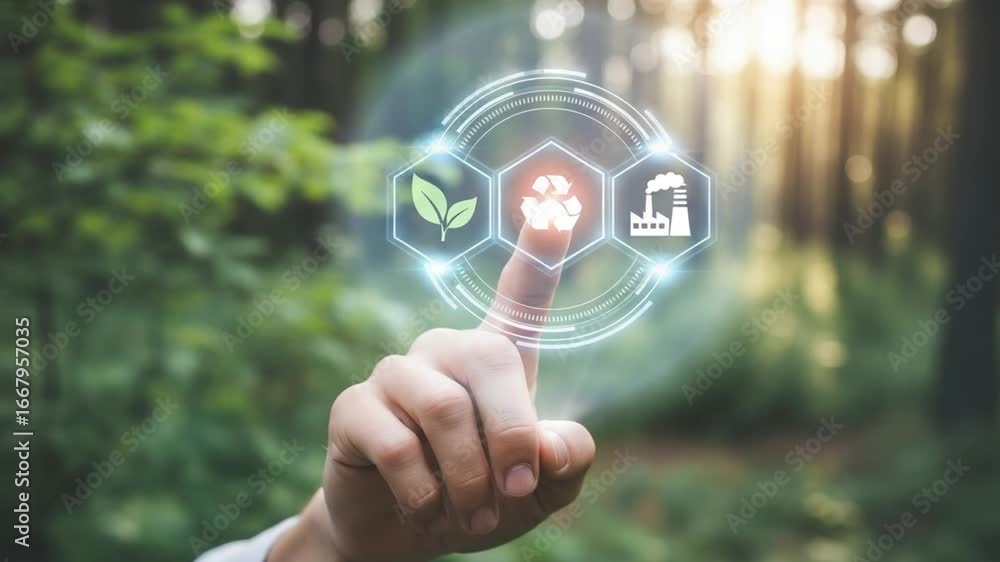 Poster hand touching digital interface with leaf recycle and factory icons in forest background