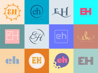 EH logo company template. Letter e and h logotype. Set different classic serif lettering and modern bold text with design elements. Initial font typography.