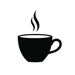 Simple black silhouette of a steaming coffee cup icon.