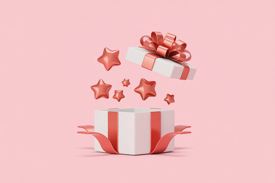 Surprise gift box with red stars exploding on a pink background