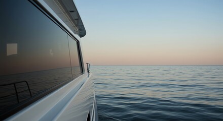Fototapeta premium Boat side view on calm ocean at sunset