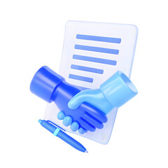 3D Render of a Handshake Contract and Pen Illustrating Agreement and Business Partnership on a Black Background