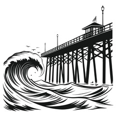 Storm waves hitting pier silhouette
