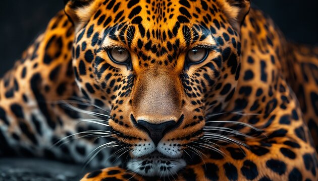 a strikingly detailed close-up captures the intense gaze and patterned face of a majestic jaguar emerging from the shadows.