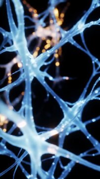 Mesmerizing electric blue neural network with warm amber-yellow pulses against an obsidian void, slow dolly in and orbit, dramatic chiaroscuro lighting, subtle bokeh, concept of advanced artificial