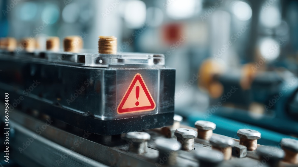 Poster warning icon on machine component indicates caution in industrial setting. clear cover protects inte