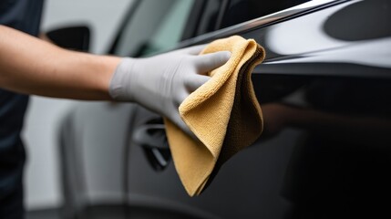 Person wearing gloves is cleaning car door handle with microfiber cloth, showcasing attention to detail in car maintenance and care. image conveys sense of professionalism and cleanliness