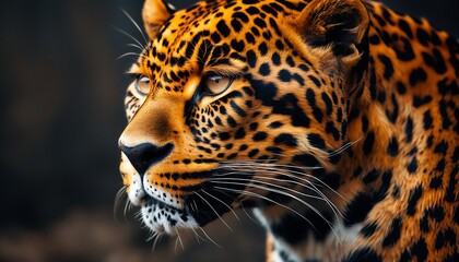 Fototapeta premium a striking close-up portrait captures the intense gaze and beautiful spotted coat of a majestic jaguar in soft, dramatic lighting.