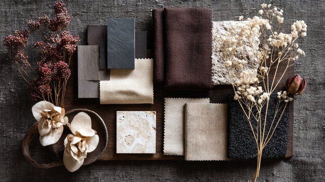 Color palette samples, fabrics, and dried flowers