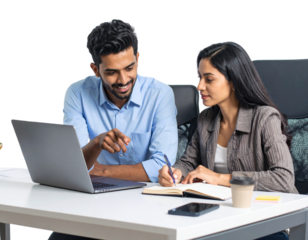 Two Young Colleagues Sitting at Desk, Discussing Ideas with Laptop and Notebook, Transparent PNG.