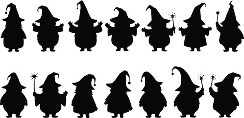 Gnome silhouettes, whimsical figures, fantasy characters, magical hats, wand holding, front view, back view, stylized gnomes, playful poses, enchanted theme, character design, black silhouettes