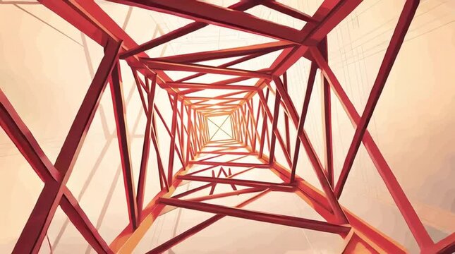 Abstract view from inside a red steel lattice tower looking upward with geometric symmetry