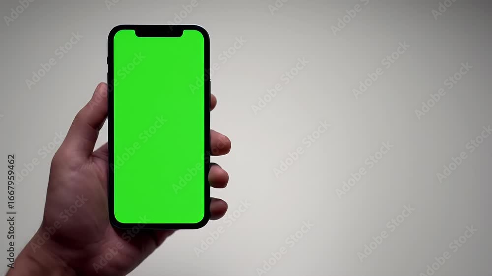 Poster hand holding modern smartphone with green screen display for app mockup or content insertion