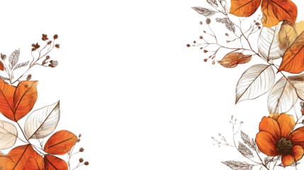Botanical greeting card template with autumn leaves and floral line art border isolated on transparent background 
