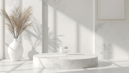 Fototapeta premium White product display podium mockup with vase and shadows for cosmetic marketing