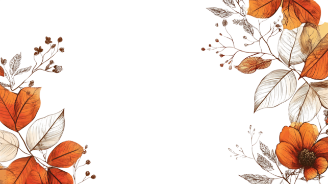 Botanical greeting card template with autumn leaves and floral line art border isolated on transparent background  - Powered by Adobe