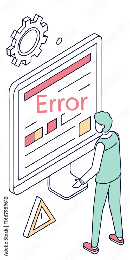 Poster minimilist isometric view of error message on screen with person gear and warning sign illustration 
