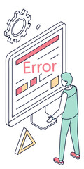Minimilist isometric view of error message on screen with person gear and warning sign illustration vector
