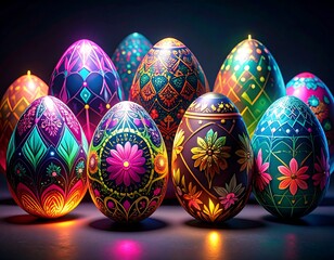 Vibrant and Ornate Easter Eggs Glowing with Intricate Patterns.