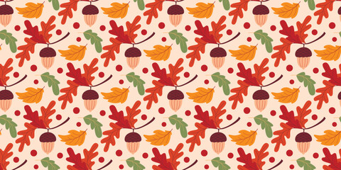 Cozy autumn mood natural seamless pattern. Fall colorful foliage and acorns on warm beige background. Autumn atmosphere print for textiles, paper, packaging and fabrics, vector graphics