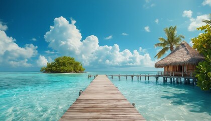 a picturesque overwater bungalow extends toward a lush tropical island under a vibrant blue sky with fluffy white clouds.