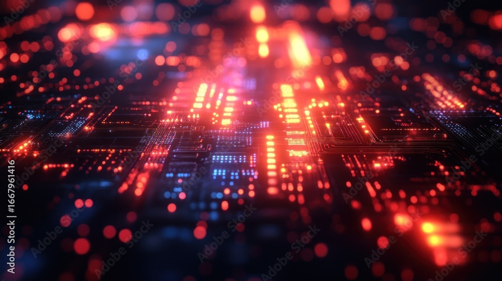 Poster a complex circuit board design glows with vibrant red and blue lights, showcasing intricate patterns