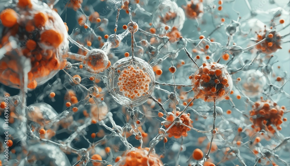 Poster a detailed, abstract rendering depicts a complex network of interconnected, spherical cells with tex