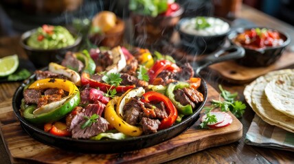 Sizzling fajita plate with mixed beef and colorful bell peppers on cast iron skillet with steam rising dramatically