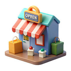 Fototapeta premium Cute 3D Rendering of a Small Business Shop with Open Sign and Shopping Bags