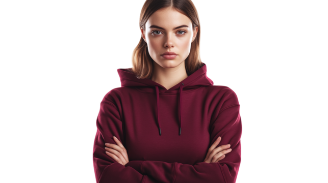 Mockup of woman wearing customizable hoodie with blank front for logo design isolated on transparent background 