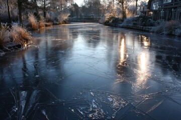 Fototapeta premium A frozen canal reflecting the sunlight with trees and buildings alongside the water in wintertime
