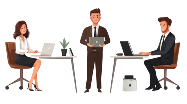 Realistic office character illustrations of business professionals working on laptops isolated on transparent background 