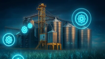 Silos in an industrial agricultural setting, with digital gears and technology icons symbolizing automation and efficient grain storage management - Powered by Adobe