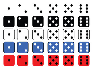 Dice graphic icons set, red, blu, black and white color vector ludo dice. a large set of blue dice. gambling objects to play in casino