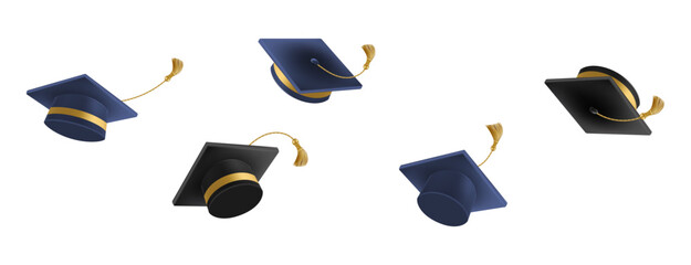 Graduates celebration. 3D Flying black graduate hat
