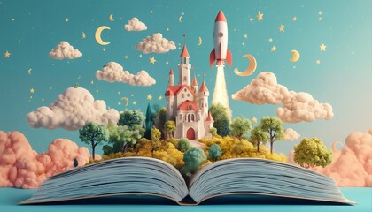 Naklejka premium a whimsical fairytale castle nestled amongst lush greenery launches a rocket into a dreamy, star-filled sky emerging from the pages of an open book.