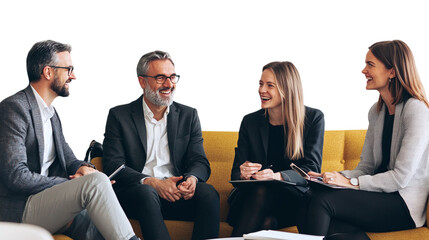 Small group of businesspeople meeting in coworking office, smiling and chatting isolated on transparent background