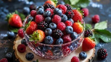 Fresh berries mixed collection in crystal bowl with strawberries, blueberries, raspberries and blackberries on wooden cutting board