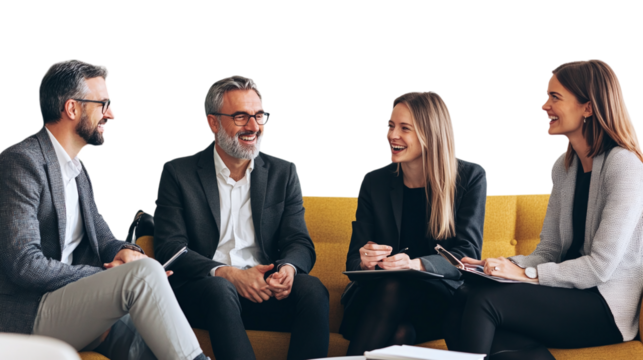 Small group of businesspeople meeting in coworking office, smiling and chatting isolated on transparent background 