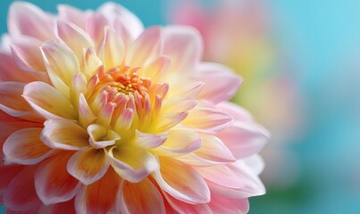 Obraz premium Close-up vibrant dahlia flower, gradient colors, soft focus, vibrant blue, green, and peach petals, pastel tones