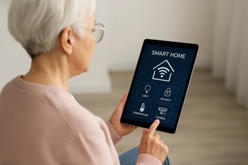 Older woman controlling smart home system on tablet, managing lights, security, temperature and camera from living room.